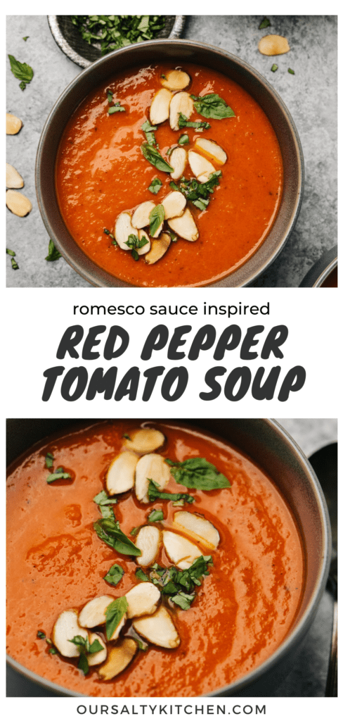 Pinterest collage for roasted red pepper tomato soup.