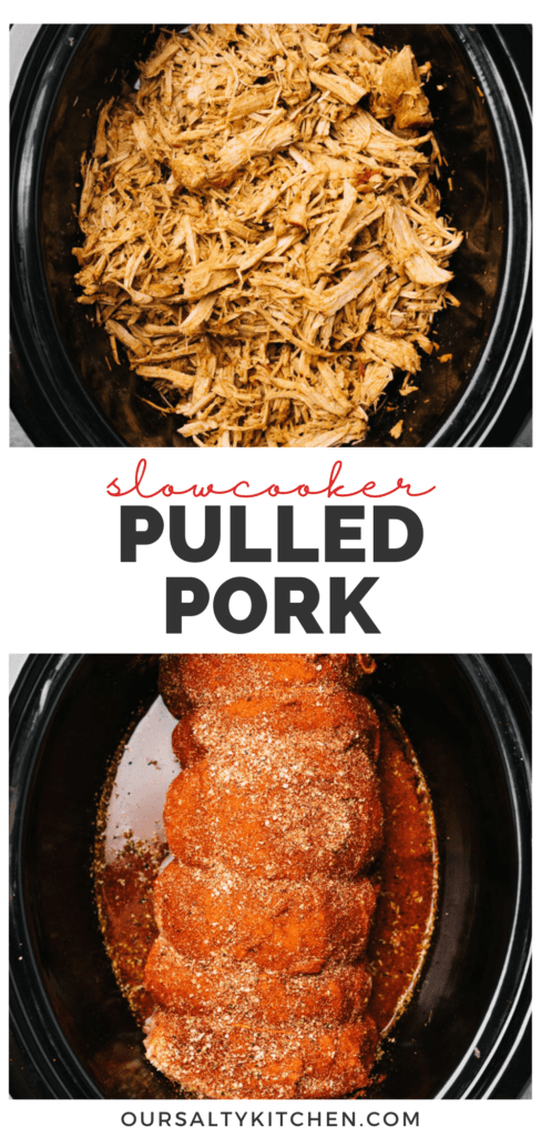 Pinterest collage for a slow cooker pulled pork recipe.