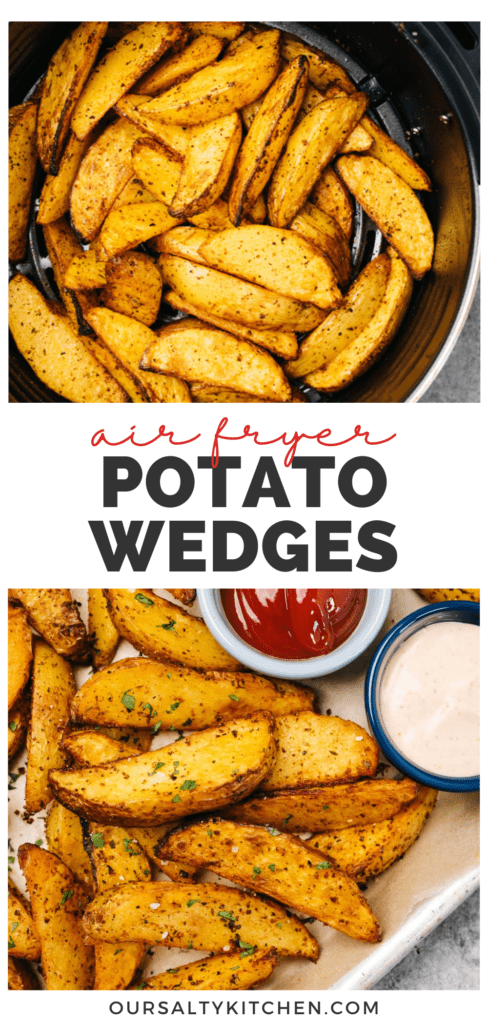 Pinterest collage for crispy potato wedges cooked in the air fryer.