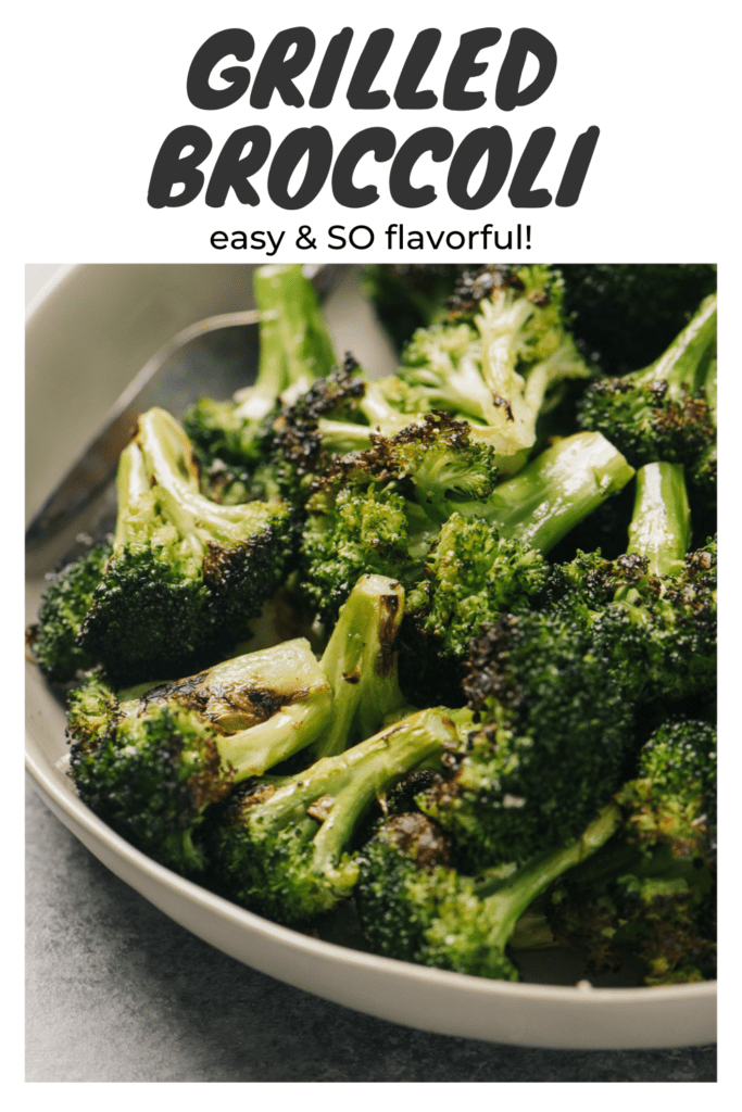 Pinterest image for grilled broccoli florets.