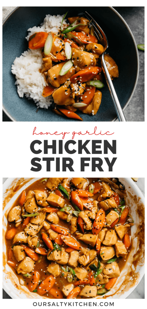 A pinterest collage with two images of honey garlic chicken stir fry and a title bar in the middle that reads "honey garlic chicken stir fry".