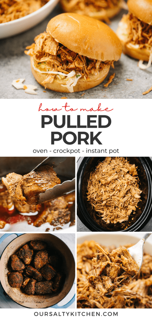 A pinterest collage for a beginner's guide on how to make pulled pork, with images of each cooking method.