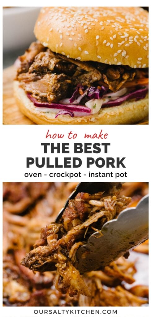 Top - side view, a pulled pork sandwich with coleslaw on a sesame brioche bun; bottom - side view, tongs holding crispy pulled pork, hovering over a sheet pan; title bar in the middle reads "how to make the best pulled pork; oven - crockpot - instant pot".