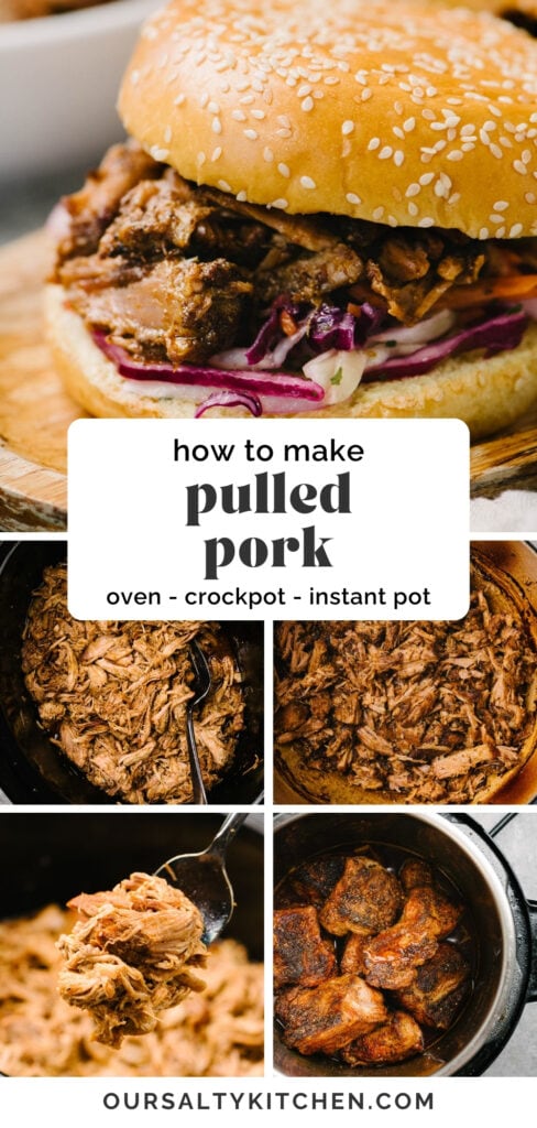 Top - side view, a pulled pork sandwich with coleslaw on a sesame brioche bun; bottom - a collage of four images showing pulled pork in a crockpot, in a dutch oven, and in an Instant Pot.