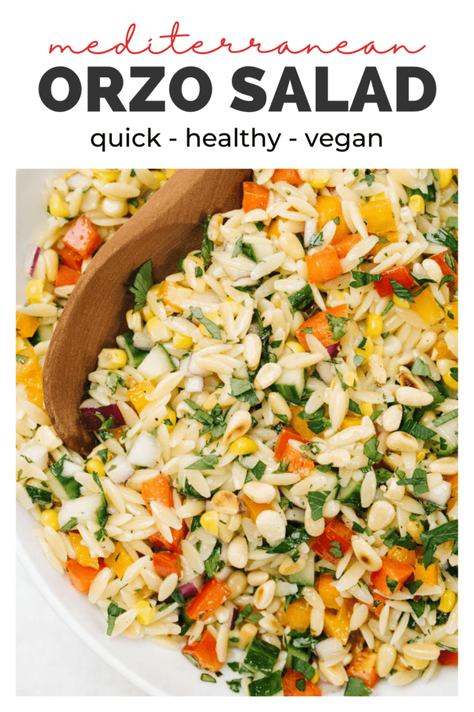 Pinterest collage for a vegan orzo salad recipe with finely chopped vegetables, herbs, pine nuts, and lemon vinaigrette.