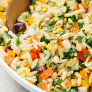 Side view, a wood serving spoon tucked into a bowl of mediterranean orzo salad.