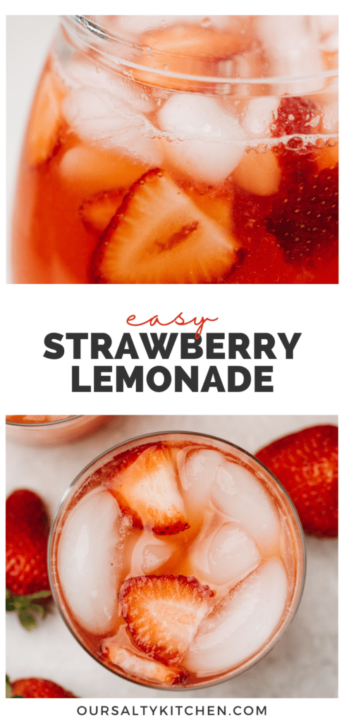 Two images of a strawberry lemonade (top, in a pitcher, bottom, in glasses) with a title bar in the middle that reads "easy strawberry lemonade".
