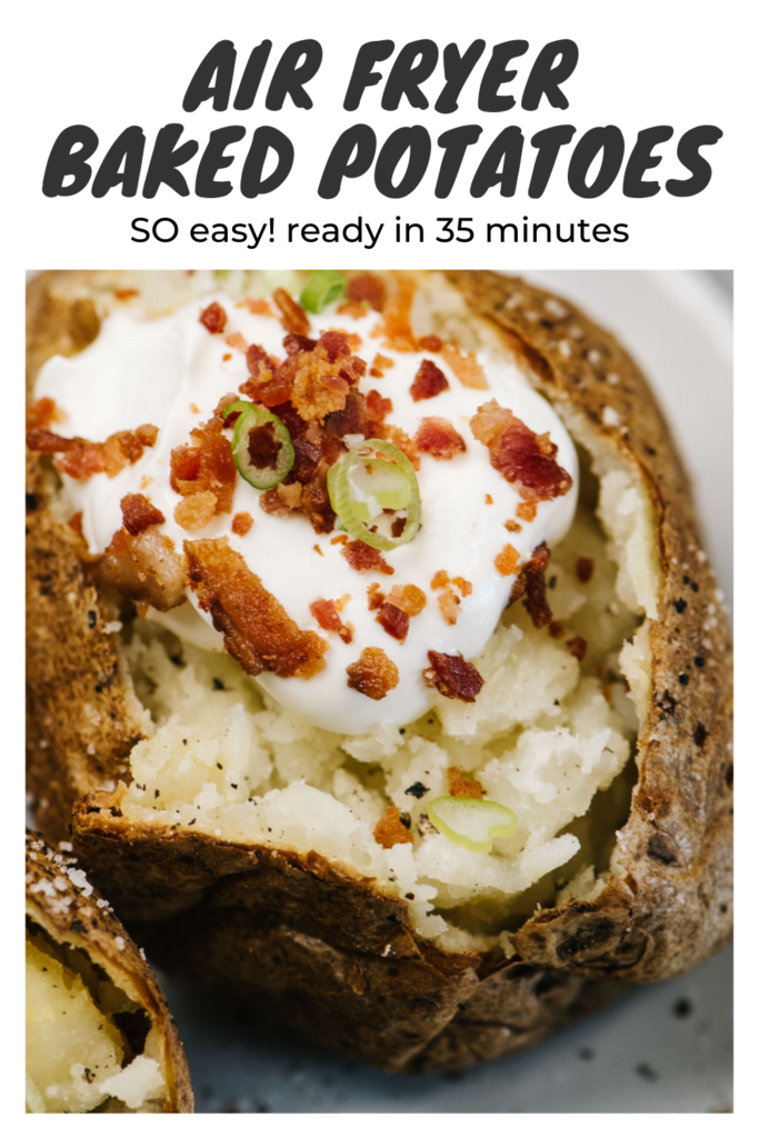 Pinterest image for air fryer baked potatoes recipe.