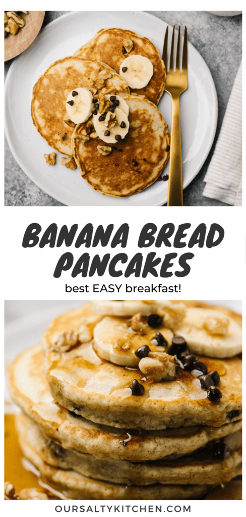 Pinterest collage for a banana bread pancakes recipe.