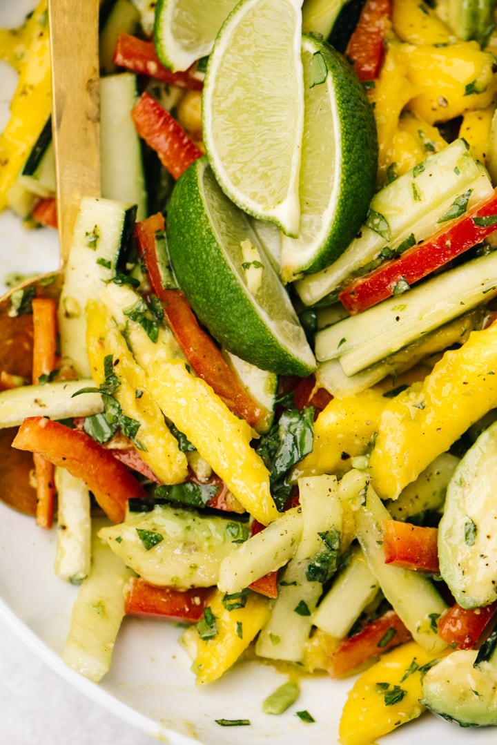 Close up view of a mango salad with avocado, bell pepper, cucumber, and lime dressing.