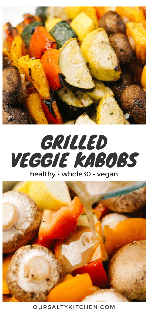 Pinterest collage for grilled vegetable kabobs recipe.