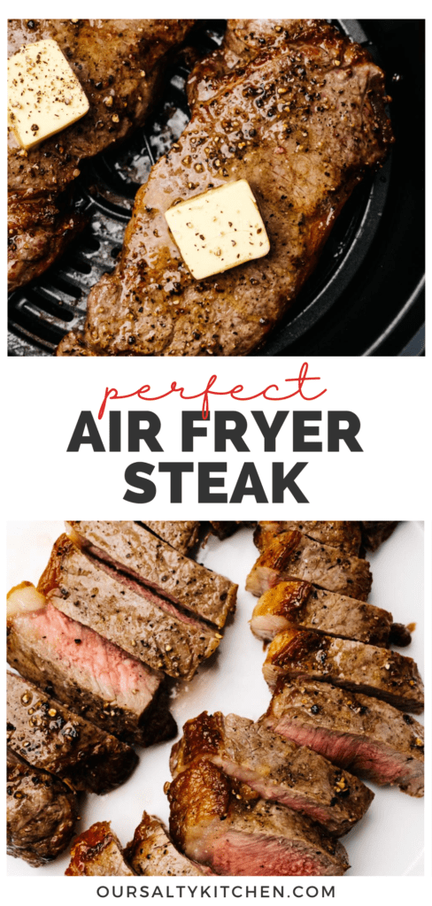 Pinterest collage for steak cooked in the air fryer.