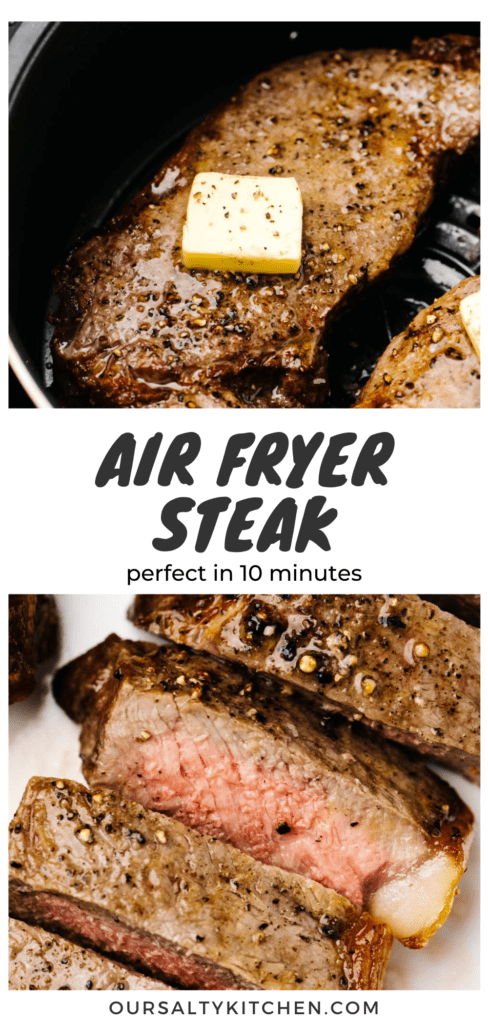 Pinterest collage for an air fryer steak recipe.