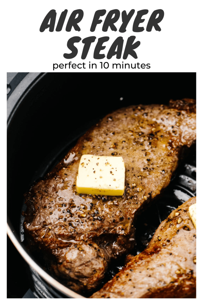Pinterest image for an air fryer steak recipe.