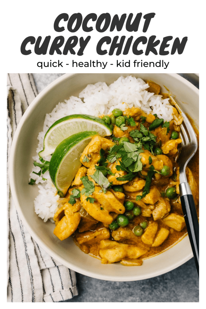 Pinterest image for a coconut curry chicken recipe.