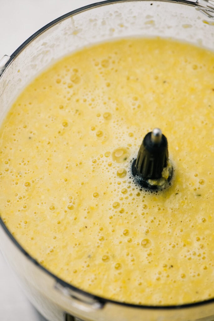 Pureed corn soup in a blender.