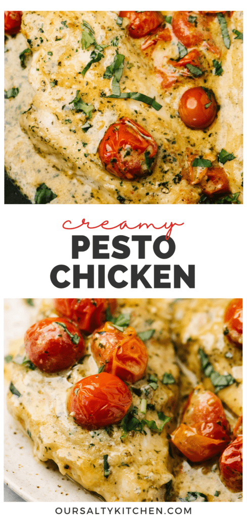 Pinterest collage for a creamy pesto chicken recipe.