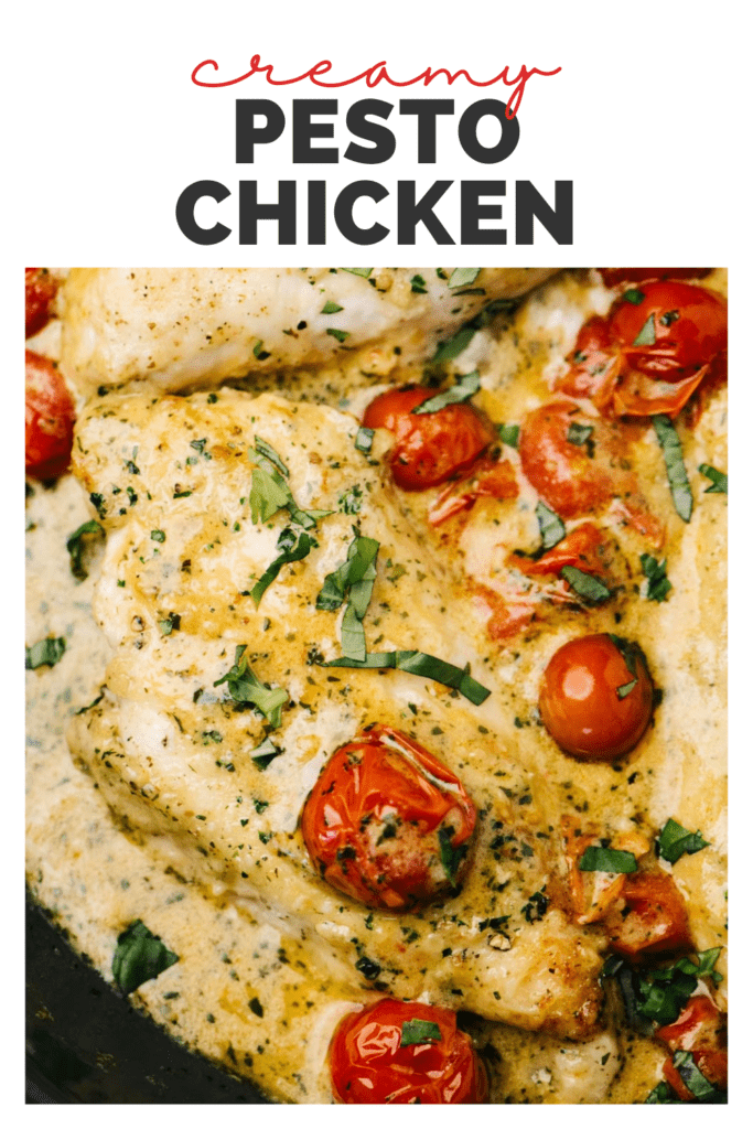 Pinterest image for a creamy pesto chicken recipe.