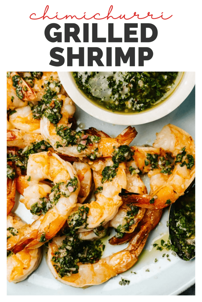 Pinterest image for a chimichurri grilled shrimp recipe.