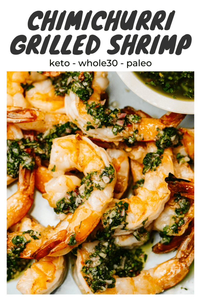 Pinterest image for a grilled shrimp recipe with chimichurri sauce.