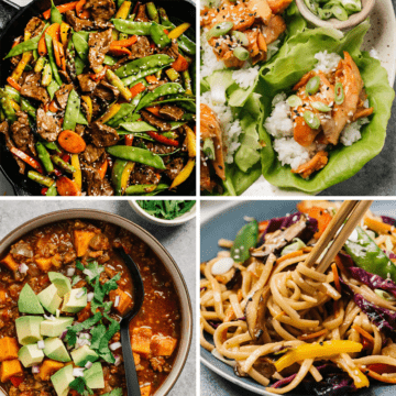 A collage of images of healthy dinner recipes and ideas.
