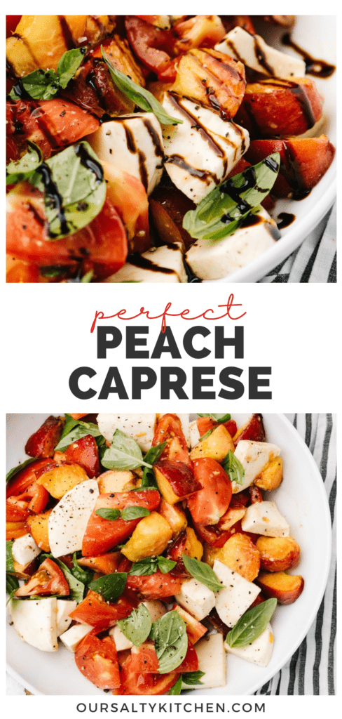 Pinterest collage for a peach caprese salad recipe.