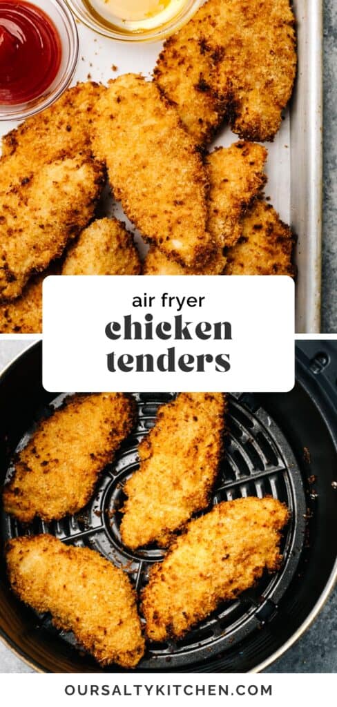Top - chicken tenders arranged on a baking sheet with ketchup and honey in small dipping bowls; bottom - golden brown chicken tenders in an air fryer; title bar in the middle reads "air fryer chicken tender".