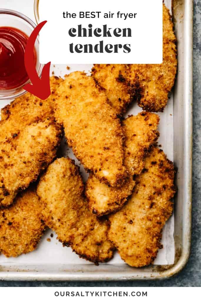 Air fryer chicken tenders arranged on a baking sheet with small bowls of ketchup and honey for dipping to the side; title bar at the top reads "the best air fryer chicken tenders".