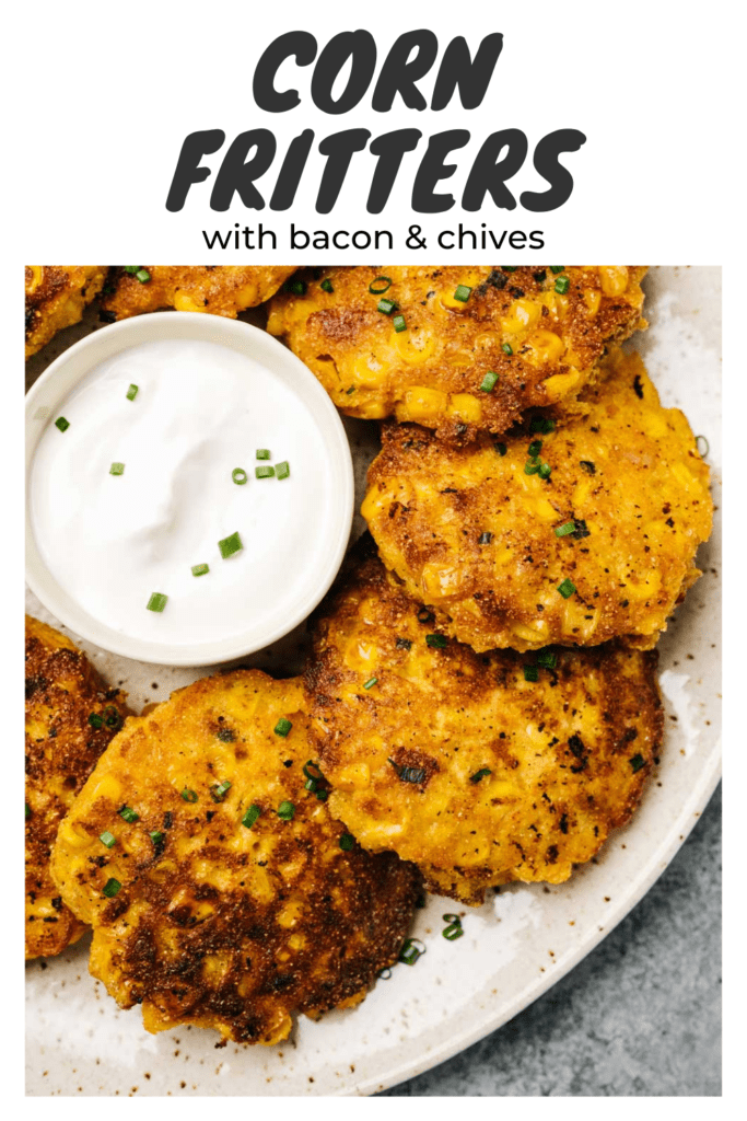 Pinterest image for a corn fritters recipe with bacon and chives.