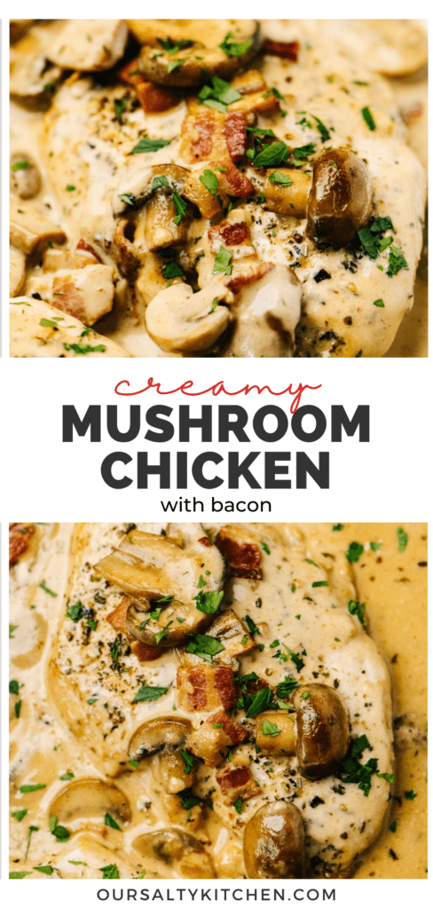 Pinterest collage for creamy mushroom chicken with bacon.