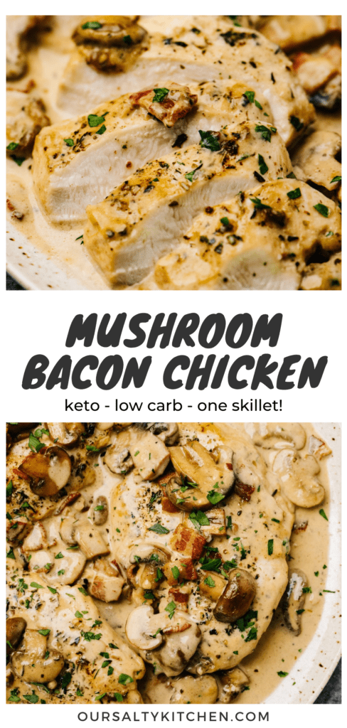 Pinterest collage for mushroom bacon chicken with creamy sauce.