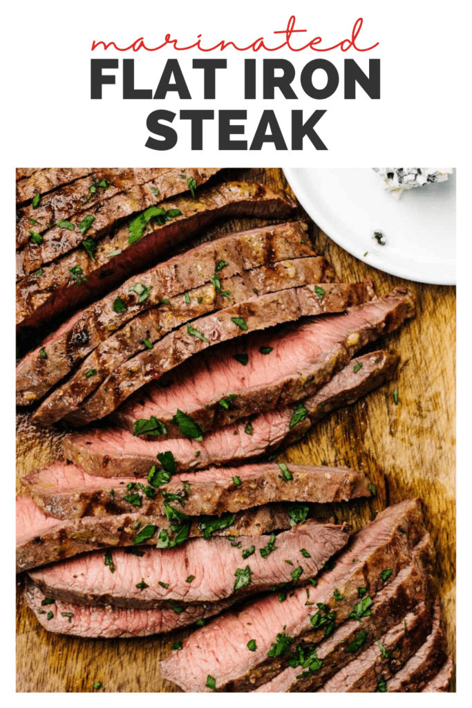 Pinterest image for a grilled flat iron steak recipe.