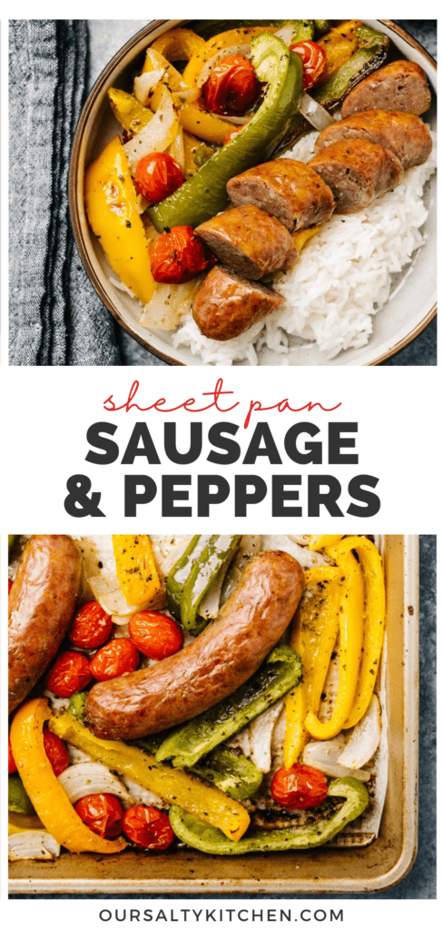 Pinterest collage for sheet pan sausage and veggies recipe.