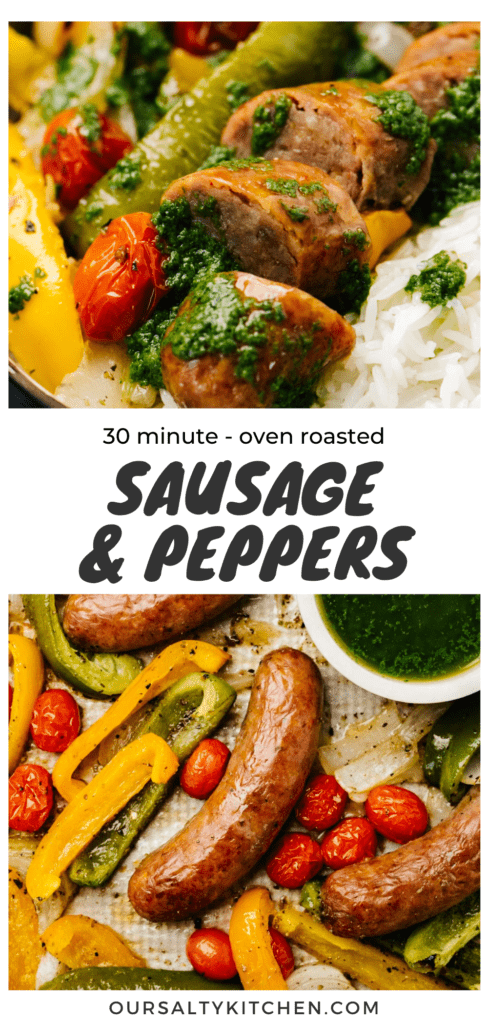 Pinterest collage for sheet pan sausage and veggies with fresh basil sauce.