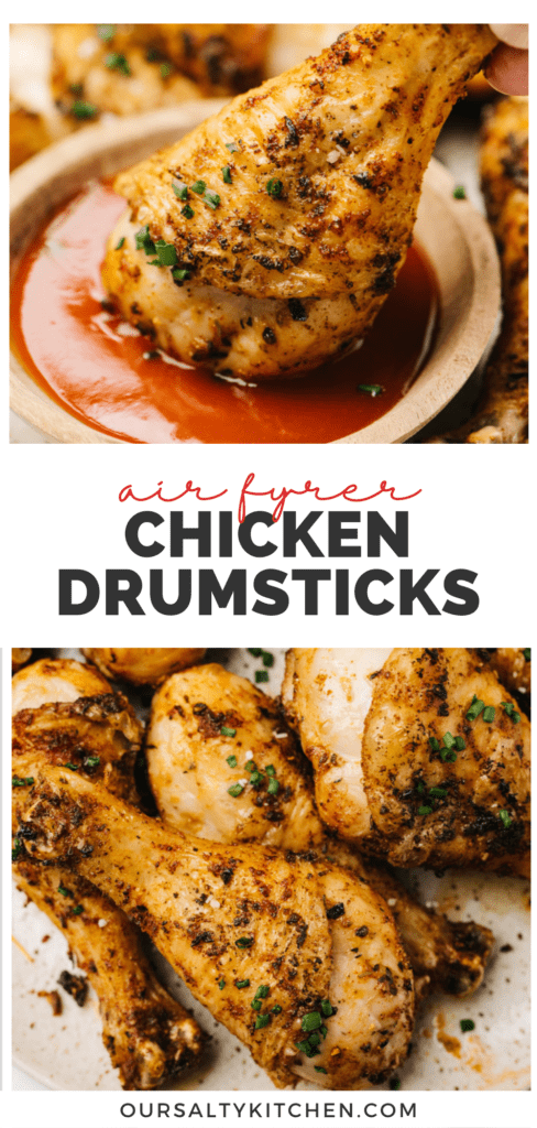 Pinterest collage for an air fryer chicken drumsticks recipe.