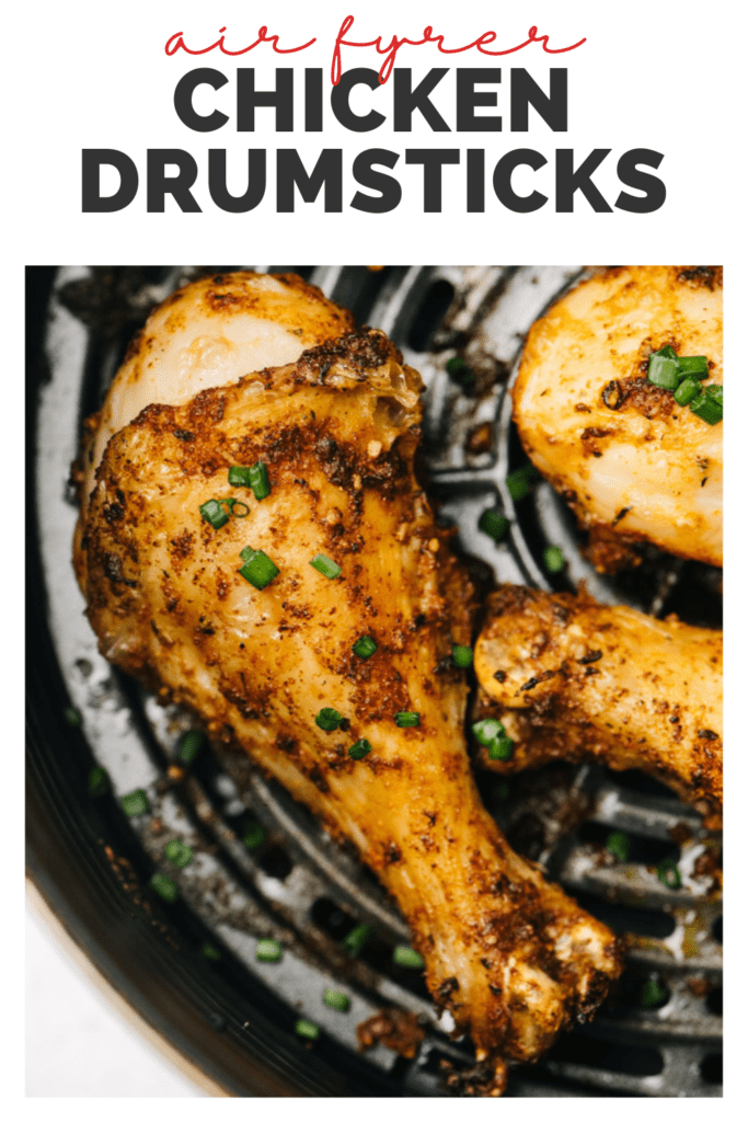 Pinterest image for an air fryer chicken drumsticks recipe.