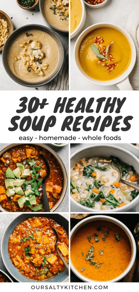 A collage of healthy soup recipe images with a title bar in the middle that reads "best of healthy soup recipes".