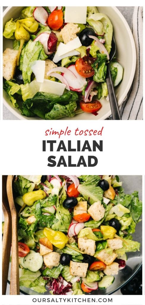 Two images of a tossed italian salad (top, in a small side bowl, bottom in a large glass bowl) with a title bar in the middle that reads "easy tossed Italian salad".
