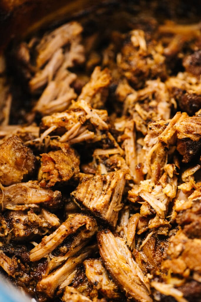 Side view, shredded pulled pork in a blue dutch oven.