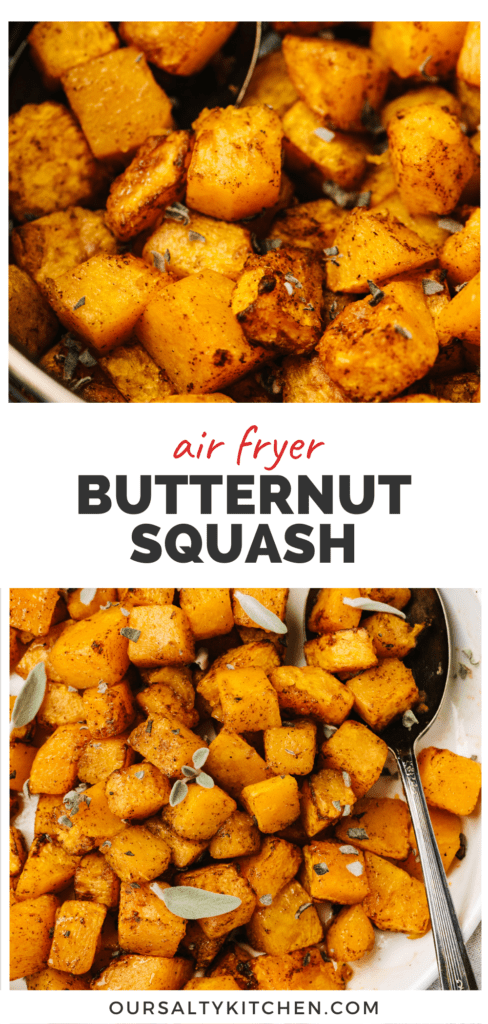 Pinterest collage for an air fryer butternut squash recipe with cinnamon and maple syrup.