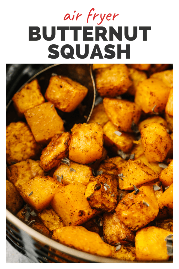 Pinterest image for an air fryer butternut squash recipe with cinnamon and maple syrup.
