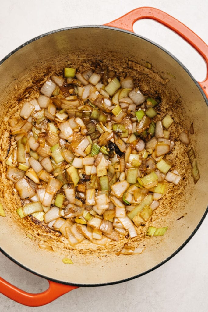 Sauteed onion, leek, and garlic in a dutch oven.