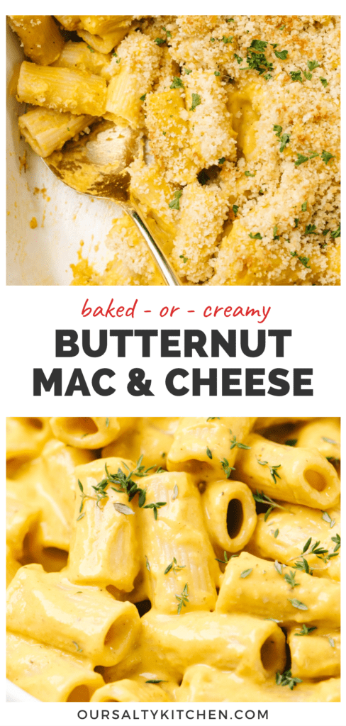 Pinterest collage for a butternut squash mac and cheese recipe that can be creamy or baked.