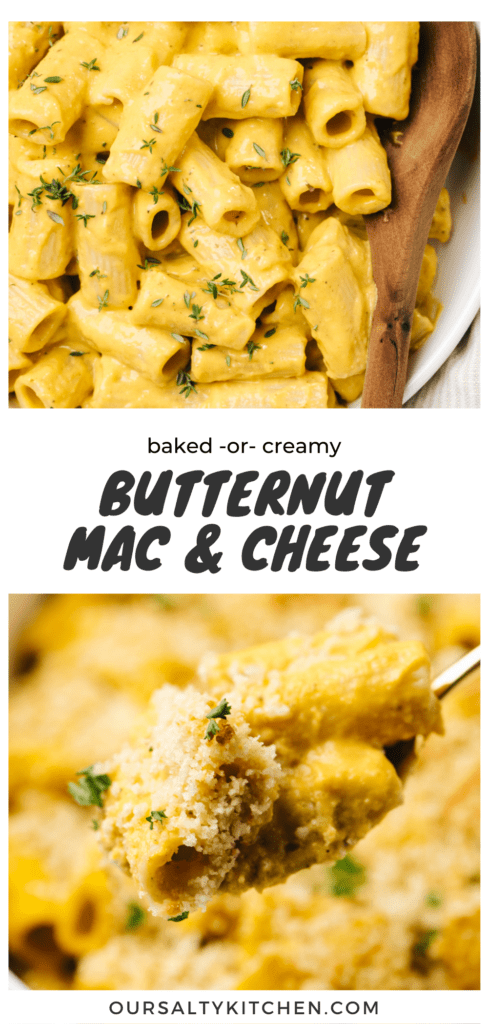 Pinterest collage for easy butternut squash mac and cheese casserole.