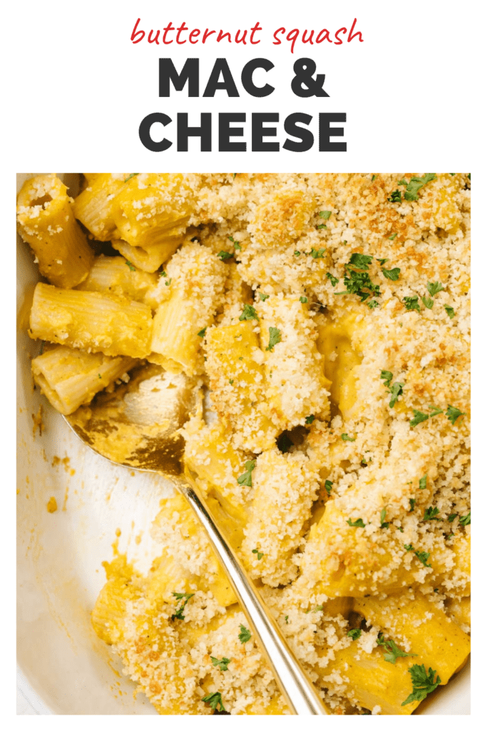 Pinterest image for a butternut squash mac and cheese recipe that can be creamy or baked.
