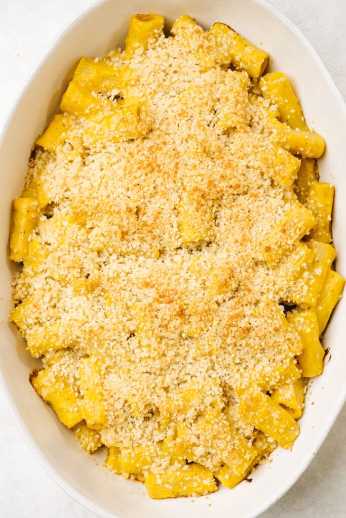Baked butternut squash mac and cheese in a casserole dish topped with golden brown breadcrumbs.