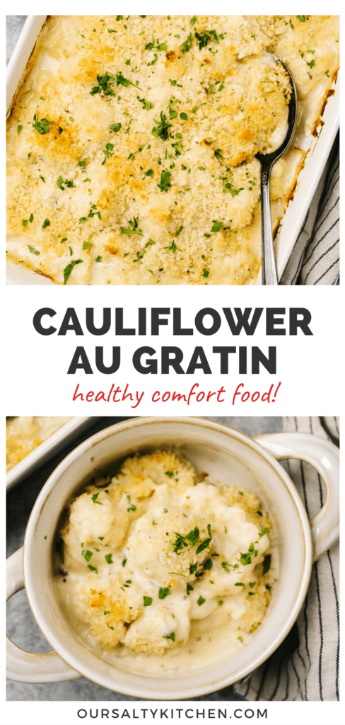 Pinterest collage for a cauliflower au gratin recipe.