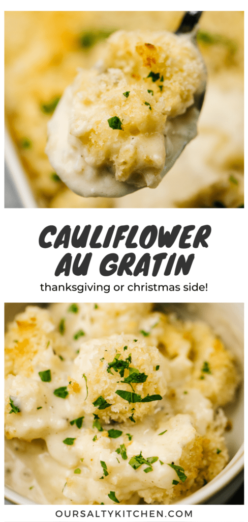 Pinterest collage for an au gratin cauliflower casserole recipe.