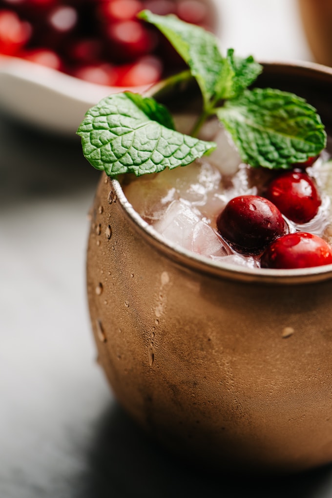 Side view, a homemade cranberry moscow mule in a copper mug, garnished with mint and fresh cranberries.