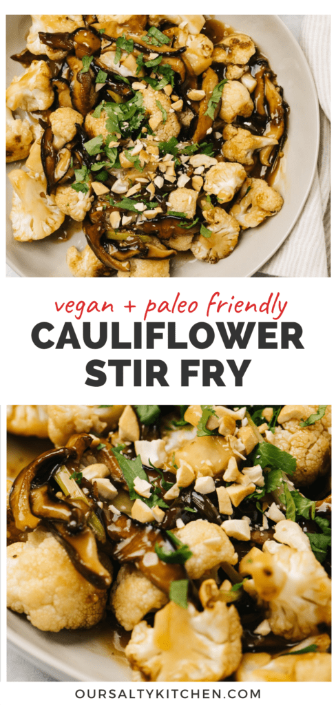 Pinterest collage for plant based cauliflower stir fry with mushrooms and cashews.